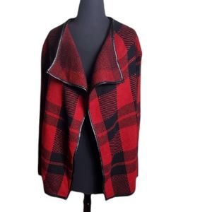 Papillon Blanc buffalo plaid cardigan small red black open front draped Smweater